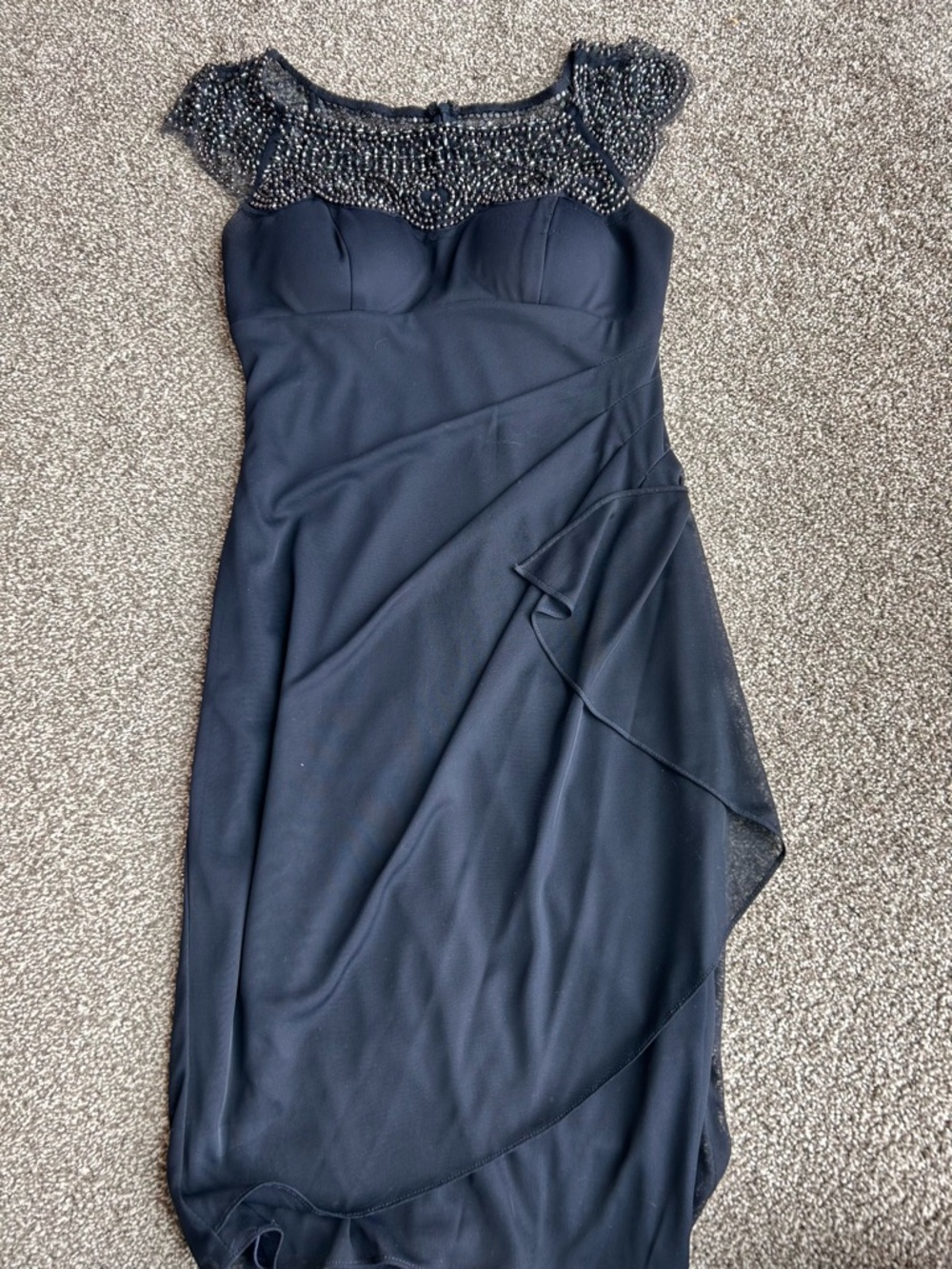 Cache Navy Beaded Cap-Sleeve Midi Dress